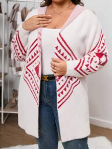 SHEIN Clasi Plus Geo Pattern Drop Shoulder Hooded Duster Cardigan - Red and White - View 4