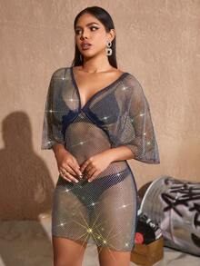 狂歡深V領水鑽鉚釘漁網網紗派對禮服不附帶內衣褲套裝 - 黑色 - 查看 4