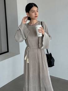 FRIFUL 纯色开叉大腿束带连衣裙，秋季连衣裙 - 灰色 - 查看 7