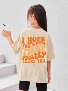 SHEIN Tween Girl Apricot Color Text Slogan z nadrukiem Modna letnia koszulka z krótkim rękawem