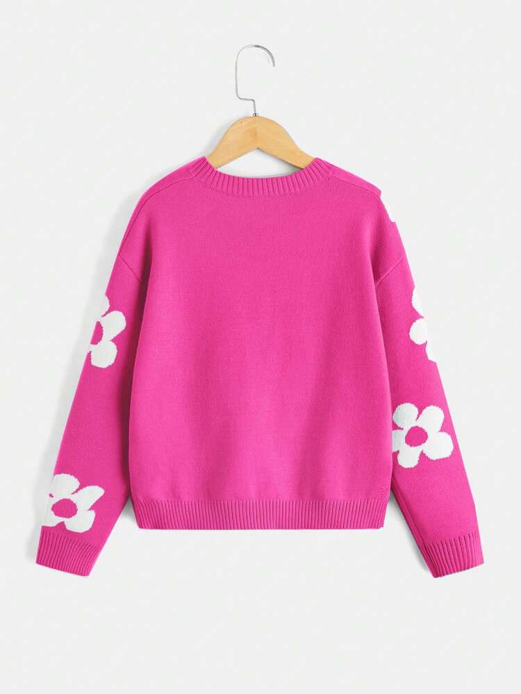 Tween Girls Floral Pattern Drop Shoulder Sweater