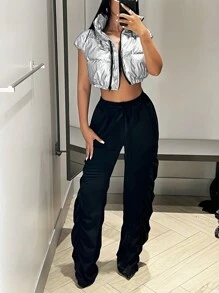 SHEIN ICON 拉链短款背心夹棉外套 - 銀色 - 查看 2