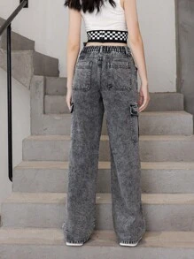 青少年女孩側翻蓋口袋工裝牛仔褲