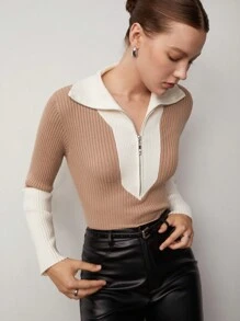 BizChic Jersey de dos tonos con cremallera media tejido de canalé