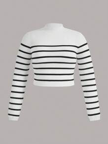 SHEIN BASICS 大碼條紋圖案小高領短款毛衣 - 白色 - 查看 7