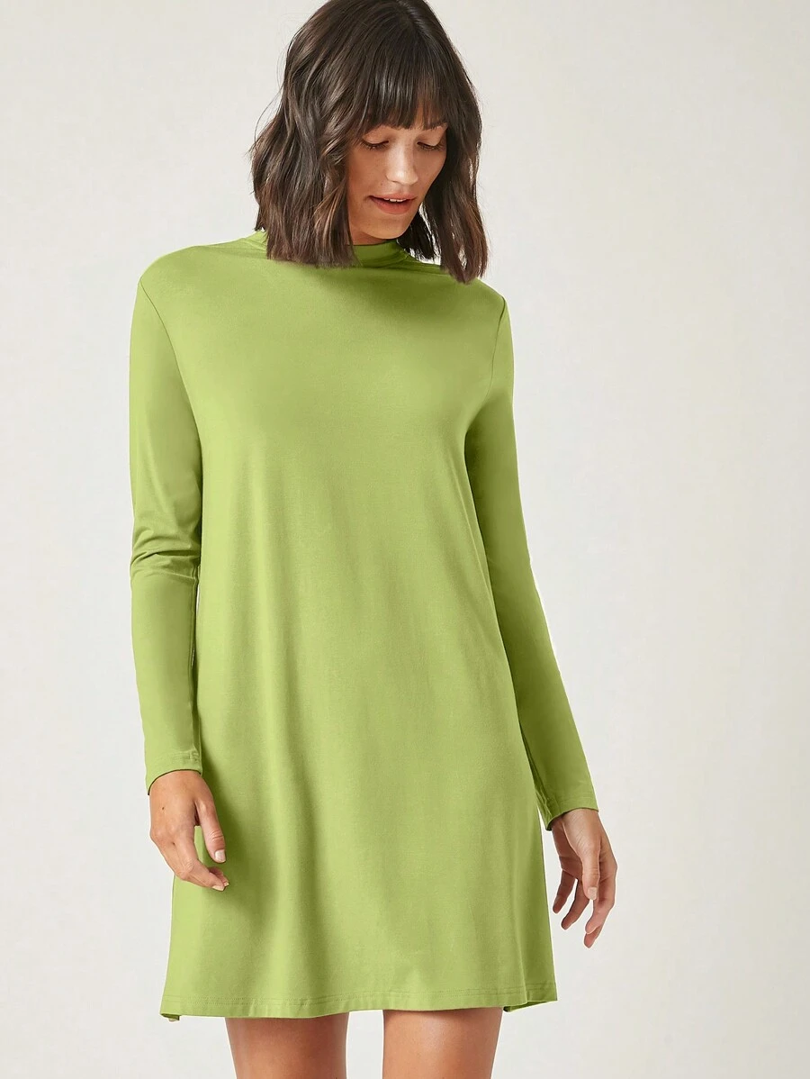 SHEIN BASICS Cổ giả Váy  thun Chất rắn - Màu xanh Ô liu - Xem 1