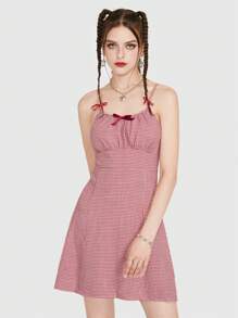 ROMWE Kawaii Đầm Nơ Bướm Dây kéo Nếp gấp Phần Ngực Kẻ sọc Giải trí - Đỏ và trắng - Xem 6