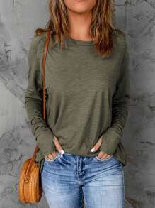CILKOO Casual Solid Color Raglan Sleeve T-Shirt - Army Green - View 5