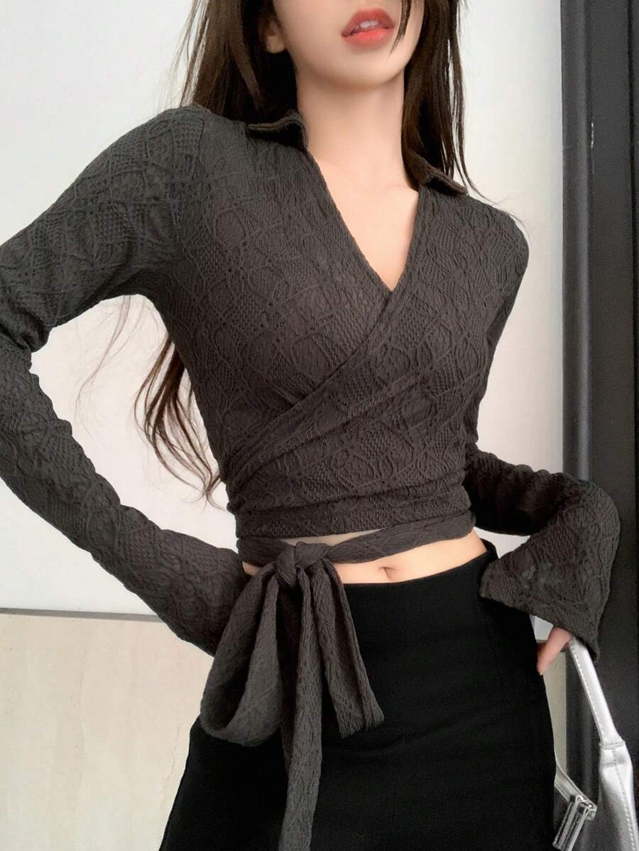 Chất rắn Tie Trước Áo phông Crop - Cà phê nâu - Xem 1