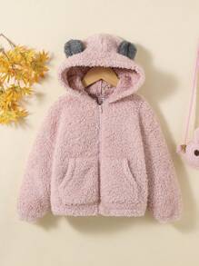 SHEIN 女小童3D耳朵設計連帽拉鍊毛絨夾克 - 粉色 - 查看 1