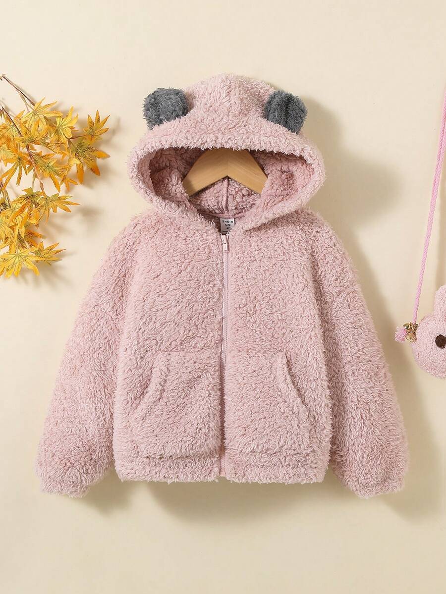 SHEIN 女小童3D耳朵設計連帽拉鍊毛絨夾克 - 粉色 - 查看 1