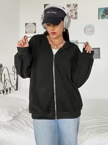 SHEIN EZwear Plus Zip Up Drop Shoulder Hooded Jacket - Black - View 1