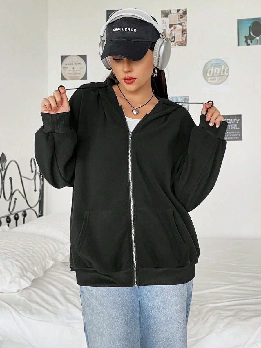 SHEIN EZwear Plus Zip Up Drop Shoulder Hooded Jacket - Black - View 1