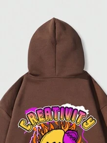 ROMWE MEN Street Life Các bạn Cartoon & Đồ họa chữ cái Dây rút Lót nhiệt Hoodie - màu nâu - Xem 4