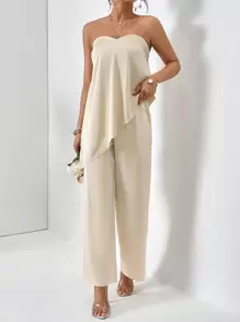 Firerie Solid Asymmetrical Hem Tube Top & Wide Leg Trousers - Apricot - View 3