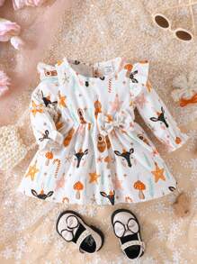 SHEIN 女嬰海星印花荷葉邊荷葉袖前蝴蝶結洋裝 - 彩色 - 查看 1