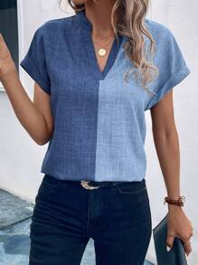 SHEIN LUNE Two Tone Batwing Sleeve Notched Neckline Blouse - Blue - View 4