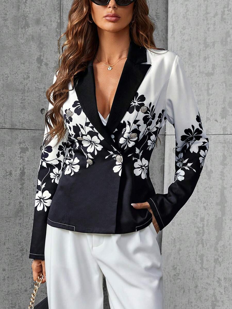 SHEIN Unity Floral Print Lapel Neck Blazer - Black and White - View 1