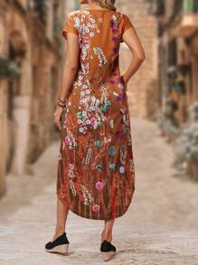 EMERY ROSE 印花隱藏口袋弧形下擺T恤洋裝 - 棕色 - 查看 2