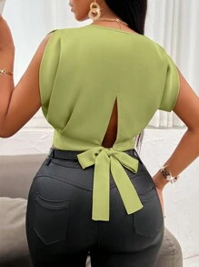 SHEIN Slayr Solid Tie Back Crop Satin Blouse - Olive Green - View 2