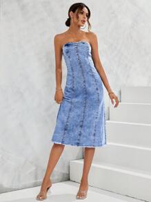 SHEIN Essnce 毛邊抹胸牛仔連衣裙 - 淺色水洗藍 - 查看 5