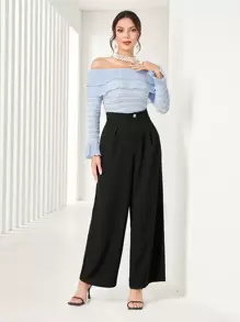 Modelyn Off Shoulder Flare Sleeve Top & Wide Leg Pants 2 Piece Set - Black - View 5