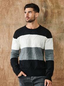 SHEIN Cottnline Men Color Block Argyle Knit Sweater - Black - View 3