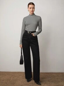 BizChic 女式黑白条纹高领长袖修身 T 恤，适合外出、办公室、商务休闲、秋季的基本款上衣 - 黑與白 - 查看 4