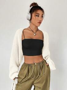 Flirla 素色開門襟落肩袖短款開衫 - 米色 - 查看 5