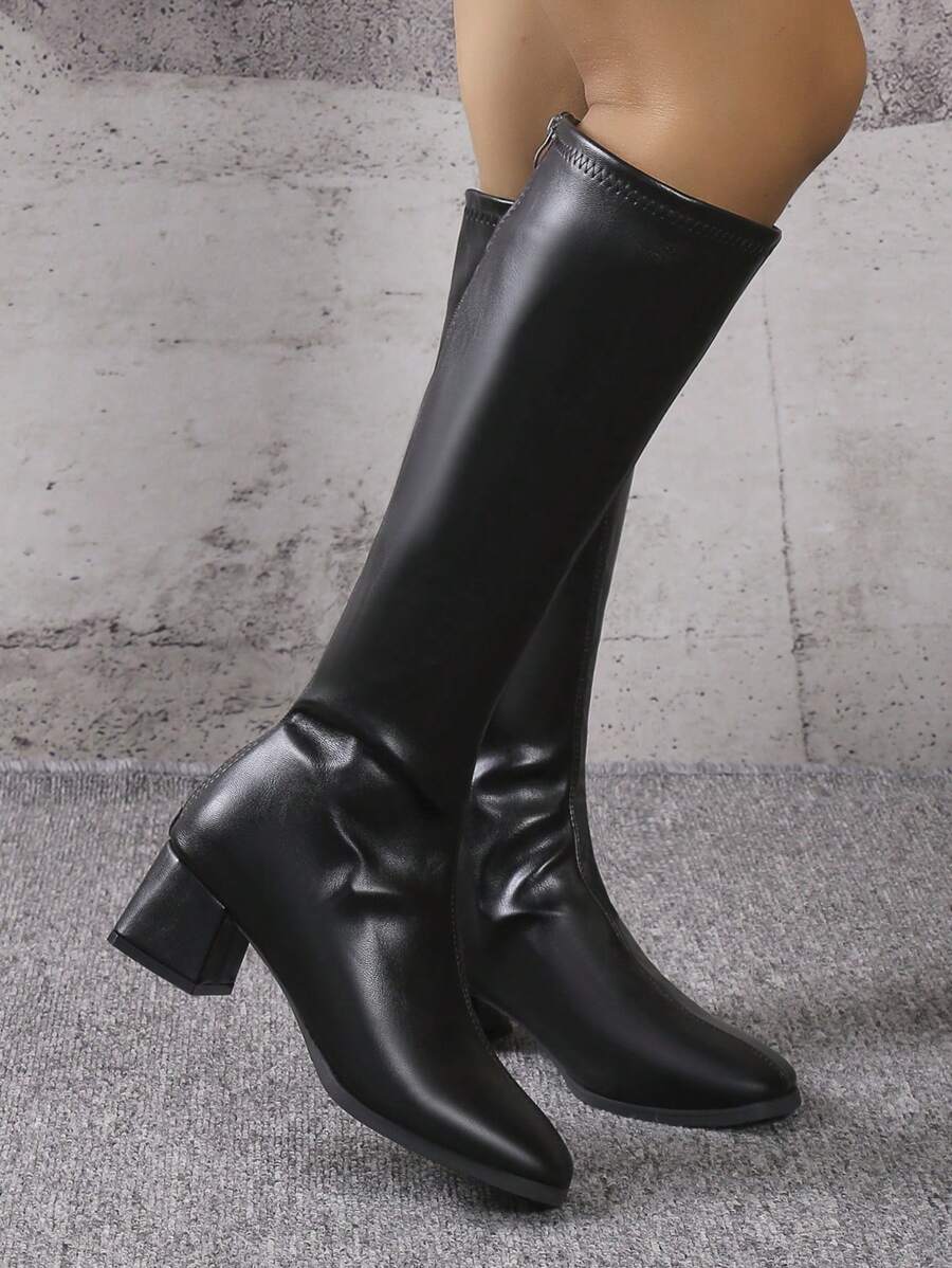 Bottes hautes femme mode à talon épais pour l'automne/hiver, avec fermeture éclair au dos et design simple, à porter avec des vêtements d'automne - Noir - Voir 1