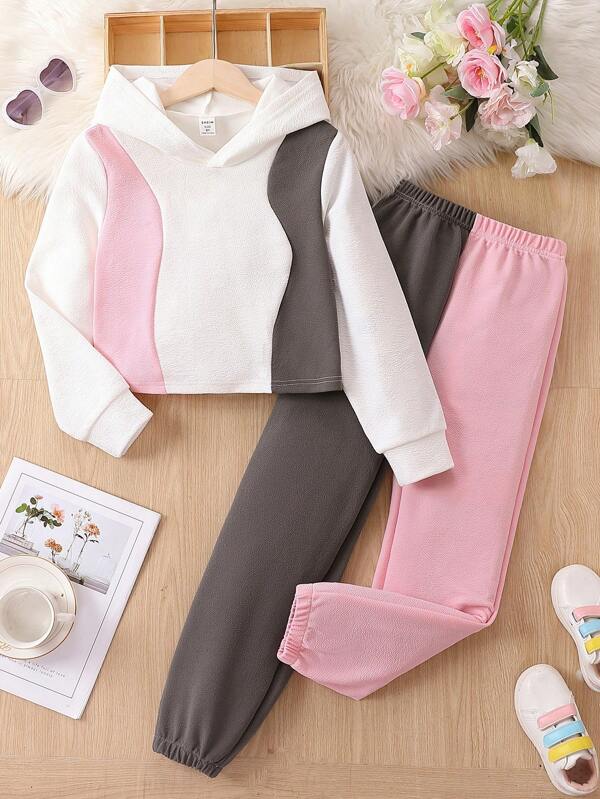 SHEIN Tween Girl Colorblock Hooded Sweatshirt & Sweatpants