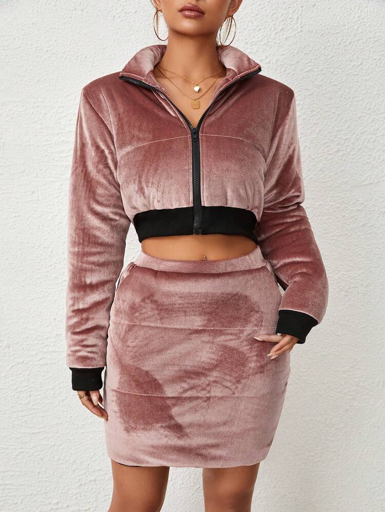Contrast Trim Crop Velvet Jacket & Bodycon Skirt