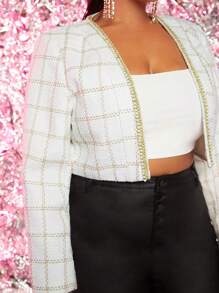 SHEIN SXY Plus Plaid Print Open Front Tweed Overcoat - White - View 5