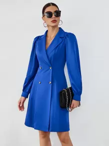 SHEIN Privé Lapel Neck Puff Sleeve Double Breasted Trench Coat - Blue - View 4
