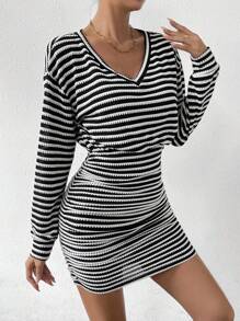 Chiquease Striped Print Drop Shoulder Bodycon Dress - Black and White - View 3