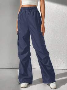SHEIN Tall Chất rắn Eo đàn hồi Túi nắp bên cạnh Quần - Màu xanh hải quân - Xem 6