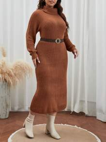 SHEIN Frenchy Plus Turtleneck Raglan Sleeve Sweater Dress Without Belt - Brown - View 3