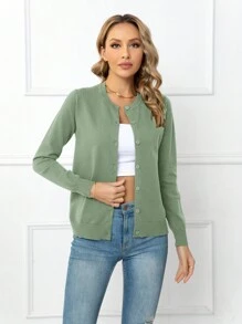 DEARCASE Solid Button Front Cardigan - Green - View 1