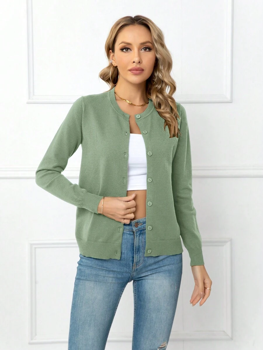 DEARCASE Solid Button Front Cardigan - Green - View 1
