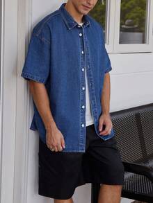 Manfinity Hypemode Men Drop Shoulder Denim Shirt - Blue - View 4