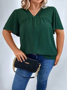 SHEIN LUNE Plus Butterfly Sleeve Button Detail Blouse - Dark Green - View 5