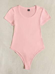 SHEIN EZwear Summer  Outfits Solid Ribbed Knit Bodysuit - Baby Pink - View 4