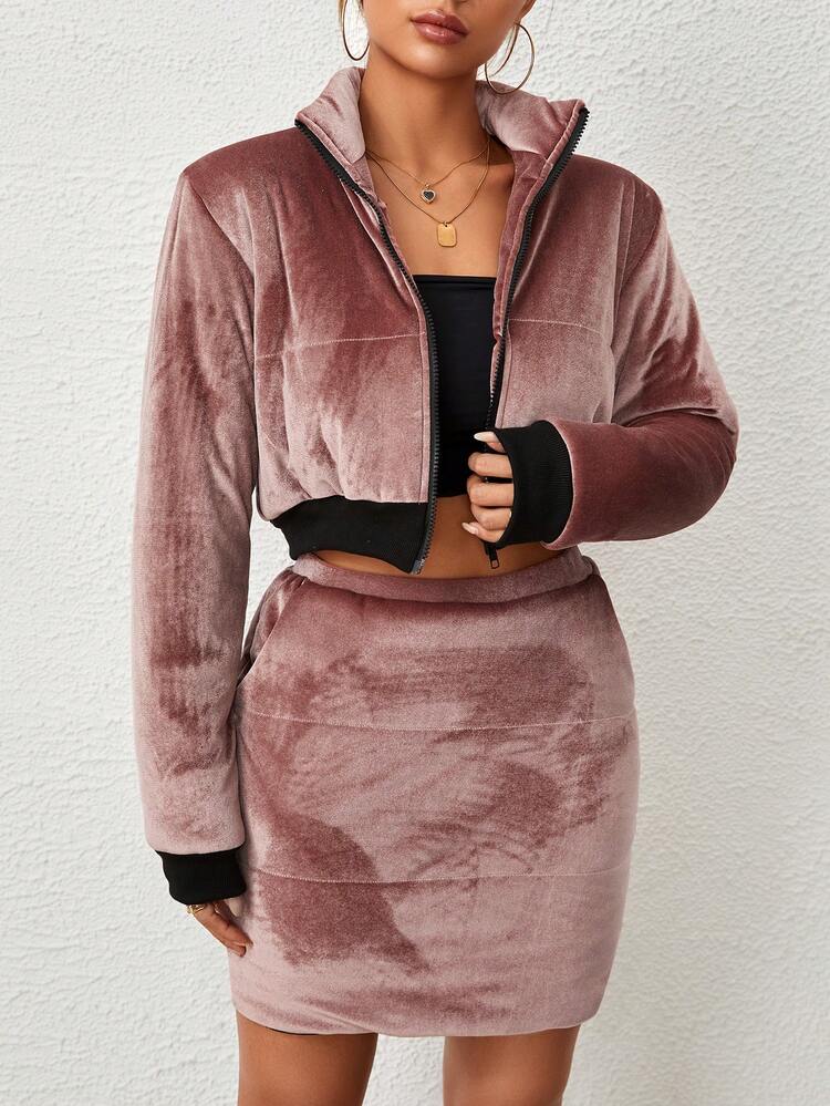 Contrast Trim Crop Velvet Jacket & Bodycon Skirt