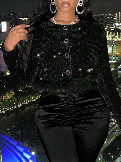 Slaydiva 前紐扣毛邊下擺亮片夾克