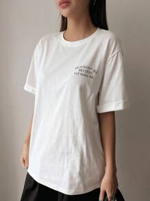 DAZY Camiseta de hombros caídos con estampado de slogan - Blanco - Ver 7