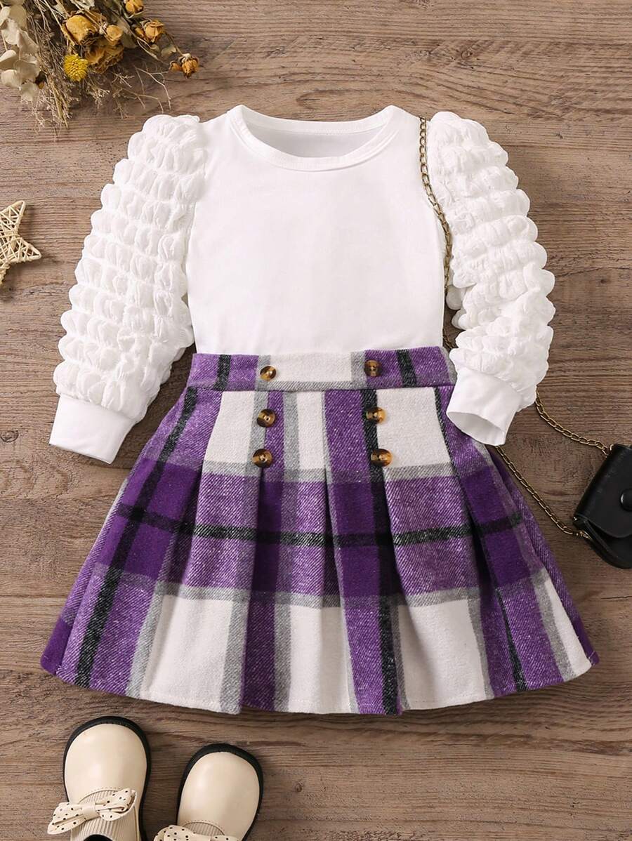 SHEIN Young Girl Solid Tee & Plaid Print Pleated Skirt - Mauve Purple - View 1