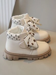 时尚女童蝴蝶黑白圆点舒适儿童靴 - 米色 - 查看 4