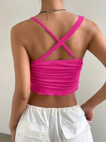 Muchica Blusa ajustada con cuello con volantes de unicolor para mujer en verano - Rosa Fucsia - Ver 2