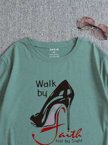 SHEIN EZwear Plus Shoes And Slogan Graphic Tee - Dark Green - View 4