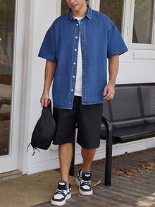 Manfinity Hypemode Men Drop Shoulder Denim Shirt - Blue - View 3